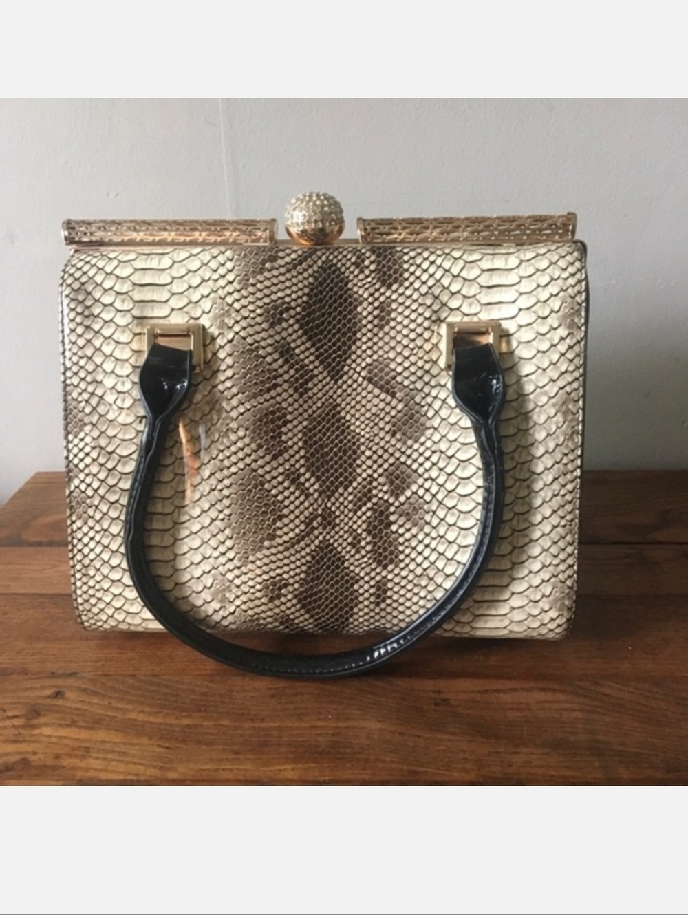 Patent Leather Faux Snakeskin Handbag Purse Rhinestone Ball Closure Lock NWOT